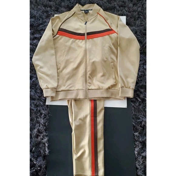 Jian Wang 2XL Men's 2 Pc Retro Zip Up Pockets Beige Striped Trim Track Suit - Picture 2 of 15